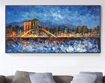 Dipinto a olio di paesaggio urbano di Seul: moderna tela astratta incorniciata, arte murale della città