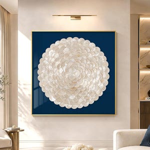 Grande Art Mural 3D Coquilles Capiz avec Perle,Art de Coquillage Or Marine,Décoration Murale Coquillage,Art Shadowbox,Œuvre d'Art Coquillage
