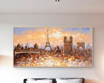 Original Eiffel Tower Oil Painting: Textured Paris Skyline Wall Art,City Wall Art
