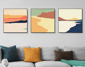 Abstrakte Berglandschaft Gemälde Set: Orange Acrylbilder gerahmt Wandkunst, Triptychon Wandkunst, Wohnzimmer Wandkunst