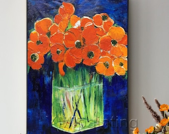 Cuadro de amapolas naranjas: Arte floral abstracto en 3D, textura marcada, lienzo enmarcado.