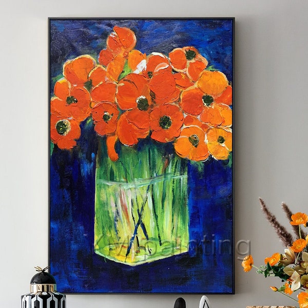 3D Abstract floral painting orange poppy paintings on canvas wall art navy blue original art heavy texture Palette Knife framed wall art