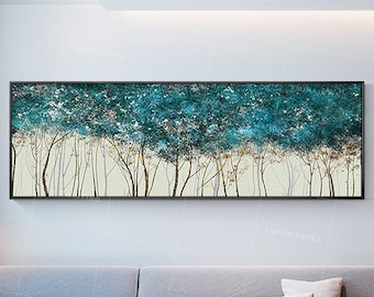 Teal Blue Abstract Tree Painting: Gold Accent Acrylic Wall Art
