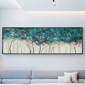 Abstract tree Paintings on canvas art Framed painting Gold art wall decor acrylic teal blue wall art and green extra Large painting