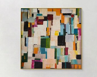 Framed Geometric Painting: Colorful Abstract Acrylic Canvas Art