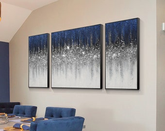 Original Navy Blue Glitter Painting Set: Glam Art, Crushed Glass,triptych wall art,framed wall art,wall hangings