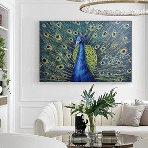 Peacock painting,Peacock blue painting,Golden feather art,textured art,abstract art, canvas painting,large wall art,modern art,Ymipainting