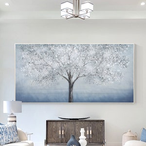 Blue Silver GlitterTree Wall Art, Large Textured  Tree Painting, Original Hand Painted Canvas, Luxury Botanical Artwork, Modern Wall Decor
