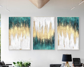 Teal and Gold Abstract Painting Set: Textured Wall Art, Set of 3,Triptych Wall Art,Living Room Wall Art,Original Painting,Home Decor