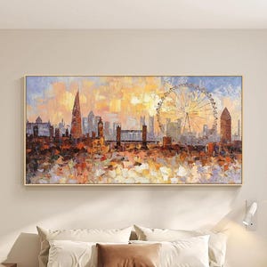 Elegant bedroom with a textured London skyline painting above the bed, 3D impasto cityscape wall art creating a modern and luxurious urban inspired bedroom decor.