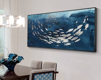 School fish painting,silver gold fish painting,navy blue and gold wall art,fish art,abstract ocean art,koi fish art,textured art,Ymipaint