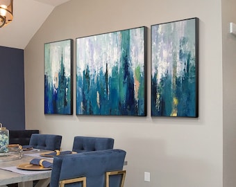 3 Piece Abstract Painting Set: Blue Teal Modern Wall Art,set of 3 wall art,Living Room Wall Art,Wall Hangings,Living Room Decor,Canvas Art