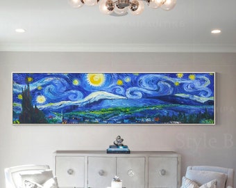 Hand-Painted 'Starry Night' Oil Texture Painting: Van Gogh Impression Art, Long Narrow Wall Decor , Personalized Gifts,Living Room Wall Art