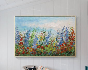 Pintura de flores silvestres con espátula: Arte floral colorido de pradera, decoración de pared para dormitorio, arte de pared colorido, decoración de sala de estar, arte de pared enmarcado