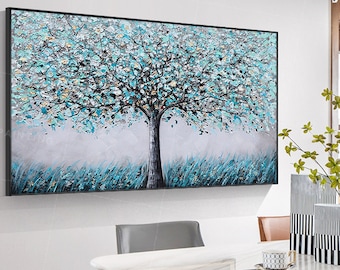 Original Tree Painting On Canvas: Teal Blue Forest, Heavy Texture