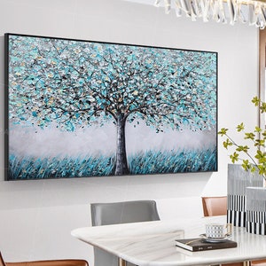 Tree Painting On Canvas Original Grass Large Painting/Framed Forest wall art/Teal blue Blomming painting/Heavy Textured/Living Room decor