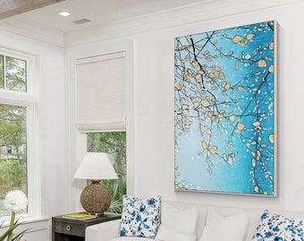 Gold Leaf Tree Painting: Teal Blue Abstract Wall Art