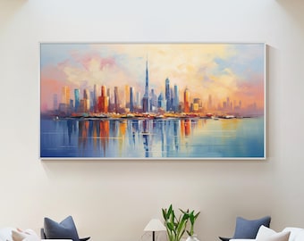 Dubai Skyline Oil Painting – Impressionist Cityscape with Burj Khalifa, Vibrant Sunset Urban Wall Art,City Wall Art,Original Painting