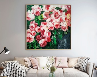 Abstract Floral Painting: Pink Rose Original Oil on Canvas, Heavy Texture