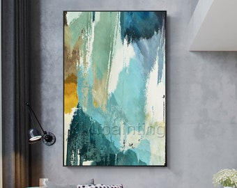 Teal Abstract Painting: Large Green & Blue Acrylic Canvas Art