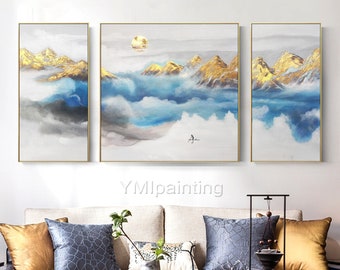 Smoky Mountain Canvas Art Set: Gold Leaf, Modern Abstract Landscape,set of 3 wall art,modern wall art,framed wall art