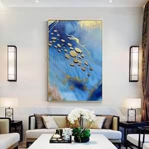 Koi fish art Gold fish Navy blue ocean Sea texture painting Modern art Acrylic Abstract paintings On canvas art Original Large Wall art