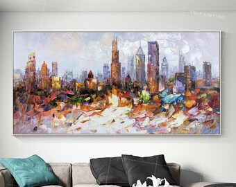 Chicago Skyline Painting: Abstract Cityscape Framed Canvas Art,City Wall Art