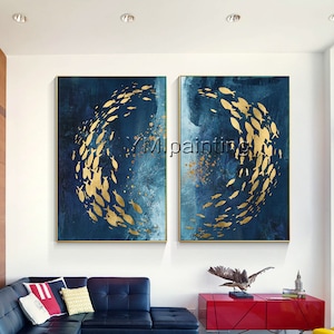 Gold Fish Painting: Navy Blue Abstract Wall Art, Set of 2School of Fish Painting,Ocean underwater artwork fish swirling,school of fish art