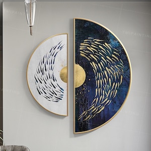 Semicircle School of Fish Wall Art Framed,Gold & Navy Blue Ocean Art, 2 Piece Round Wall art,Set of 2 art,Gold foil art,dining room wall art