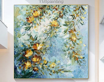 Original Abstract floral palette knife Paintings on Canvas blue green art wall painting abstract canvas painting heavy texture flower decor