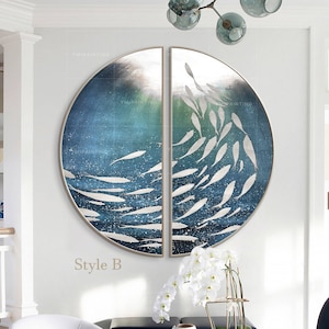 Koi Fish Painting Set: Gold Acrylic, Navy Blue Sea ArtSchool of Fish Painting,Ocean underwater artwork fish swirling,school of fish art
