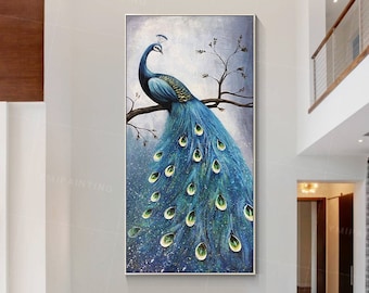 風水孔雀の絵画（額入り）オリジナルゴールド孔雀油絵：抽象的な羽根の