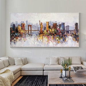 New York skyline oil paintings on Canvas Original heavy texture Statue of Liberty cityscape extra large framed wall art cuadros abstractos