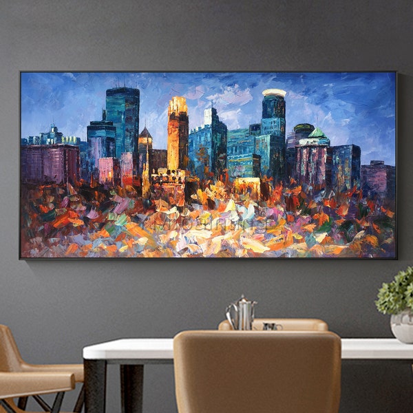 Minneapolis Cityscape Skyline Oil paintings on canvas Abstract Oversize original Palette knife extra large framed wall art texture painting