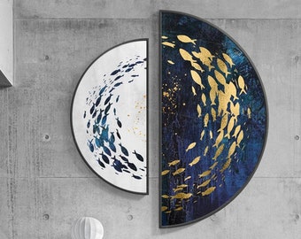 2 piece wall art,Semicircle wall art,school fish painting,fish wall art,koi fish art,Round wall art,gold art,navy blue wall art,Ymipainting