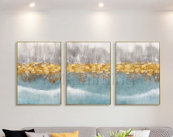 Framed painting set of 3 wall art Gold art Abstract paintings on canvas 3 pieces Wall Art acrylic original blue painting cuadros abstractos