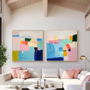 Arte Mural Díptico Color Block, Pintura Abstracta Rosa Azul Amarilla, Lienzo Original Pintado a Mano, Arte Moderna de Galería
