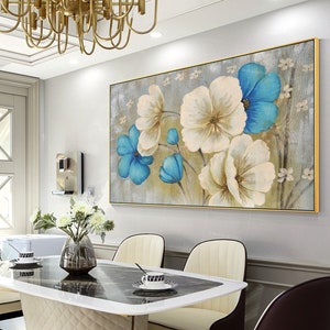 Blue floral paintings frame wall art extra large art Acrylic Paintings on canvas Original Blooming flower aesthetic room decor YMIPAINTING