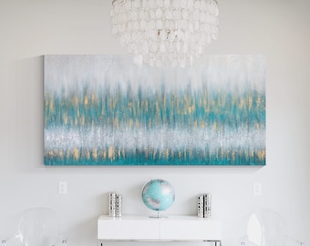 Schilderij met zilveren glitter en turquoise accenten, luxe sprankelende muurdecoratie, groene muurdecoratie met textuur, glamoureus abstract kunstwerk, moderne woondecoratie, cadeau-ideeën