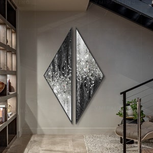 Set of 2 Triangle Glitter Painting: Silver Crushed Glass Framed Art