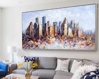 Houston Cityscape Oil Painting: Abstract Palette Knife Texture, Framed Canvas Art