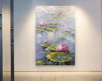 Claude Monet Water Lilies Painting, Pink Lotus Flower Wall Art