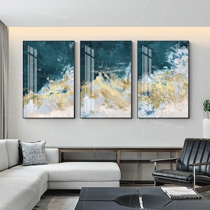 Framed painting set of 3 wall art Gold Leaf sea wave blue art acrylic paintings on canvas original painting 3 piece wall art