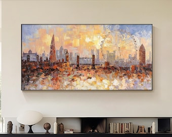 London Cityscape Art, Textured Impasto Skyline Painting, Big Ben Tower Bridge Wall Decor, Original Acrylic Canvas, Contemporary Urban Art