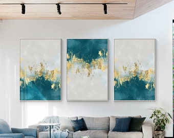 Triptyk i blågrönt bladguld, väggkonst med lyxig abstrakt akrylmålning, originell handmålad duk, metallisk modern statement-dekor