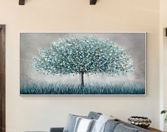 Teal Blue Tree Painting: Original Framed Forest Wall Art,Housewarming Gifts,Large Wall Art,Living Room Decor,Wall Art Framed,Wall Decor