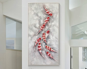 Koi Fish Painting: Large Abstract Feng Shui Art, Textured Canvas
