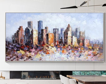 Houston Cityscape Oil Painting: Abstract Palette Knife Texture, Framed Wall Art,Dining Room Wall Art,Living Room Decor,Housewarming Gifts