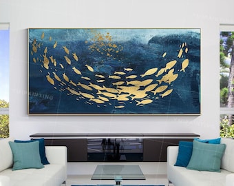 Gold Fish Painting, Navy Blue Ocean Wall Art, Hand Painted Abstract Artwork, Textured School of Fish Canvas, Living Room Decor,Gift Ideas