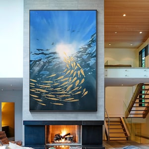 Gold Koi Fish Abstract Art Blue Watercolor Art Ocean Sunrise Paintings On Canvas Modern Art Original Large Art Framed Wall Art Ymipainting